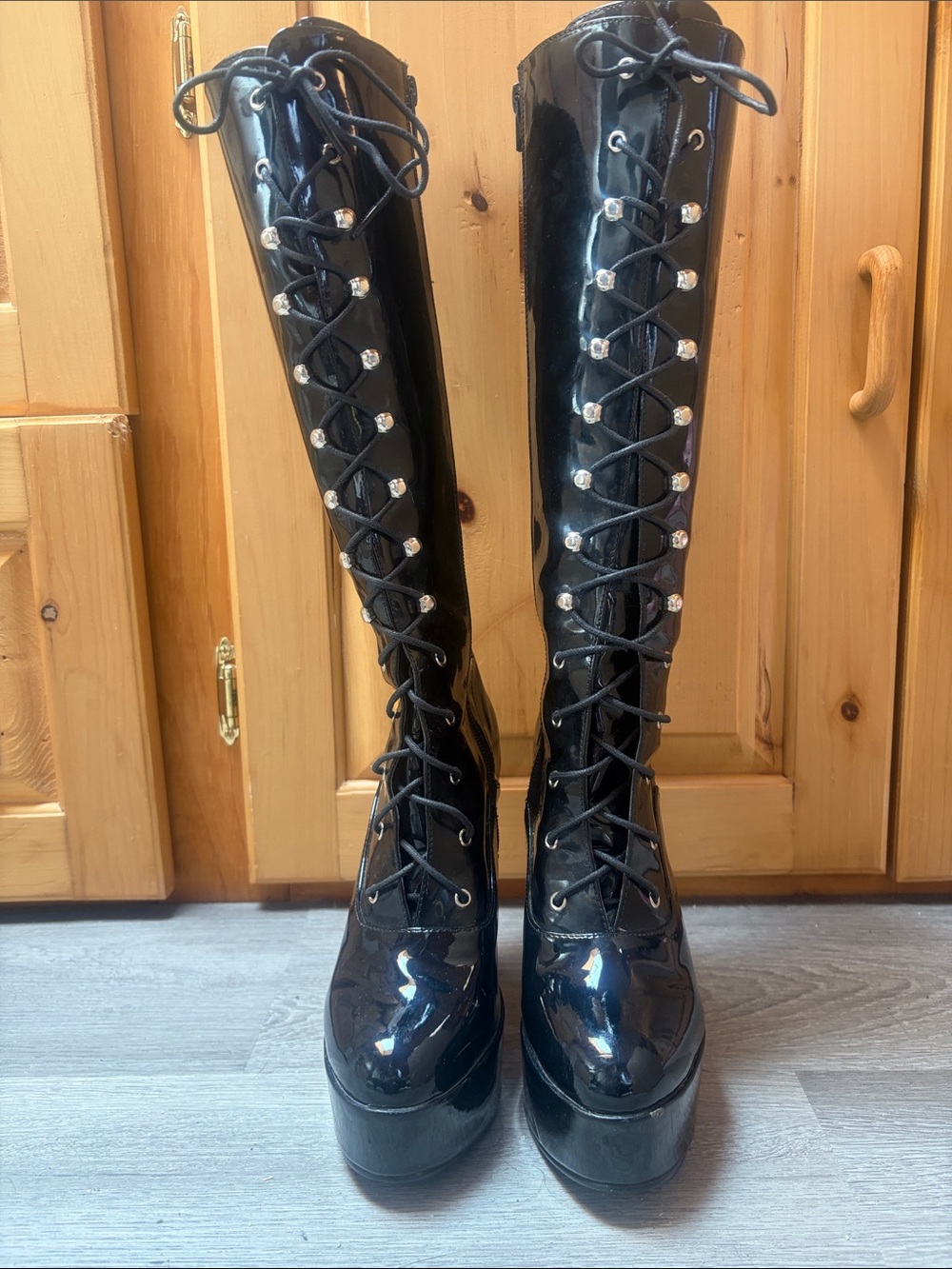 Black Patent Lace-Up Over-the-Knee Platform Boots